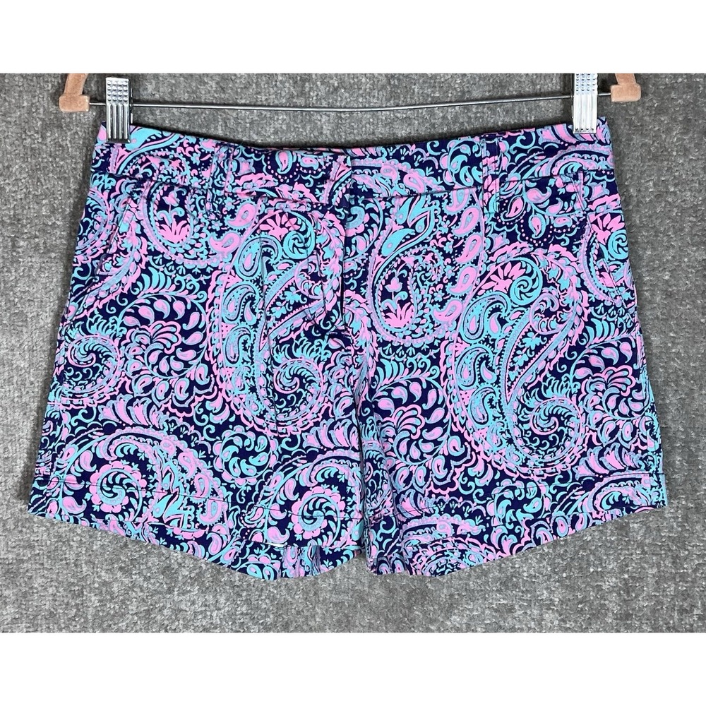Cambridge Chino Shorts Womens Sz 2 Turquoise Pink Paisley Floral Stretch Pockets
